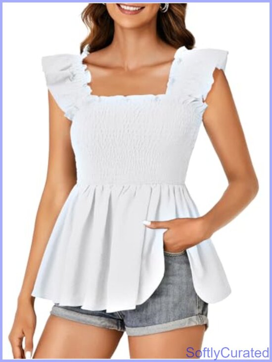 Tops - Smocked Square Neck Peplum Cami Blouse Ruffle Hem